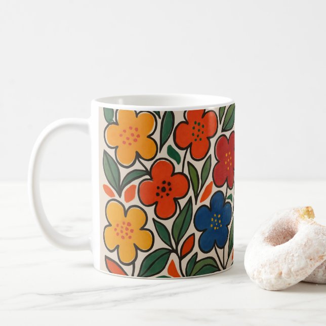 Retro 1960s Style Floral Pattern Coffee Mug (With Donut)