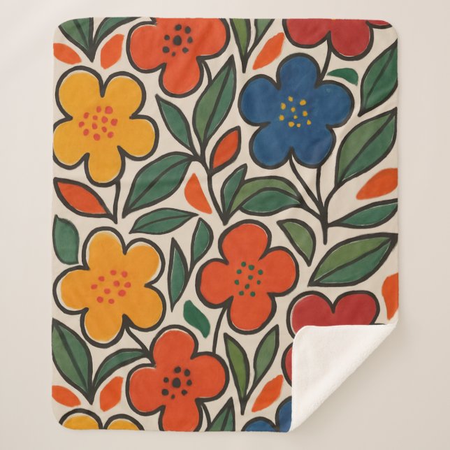 Retro 1960s Style Floral Pattern Sherpa Blanket (Front)