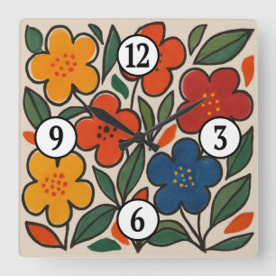 Retro 1960s Style Floral Pattern Square Wall Clock