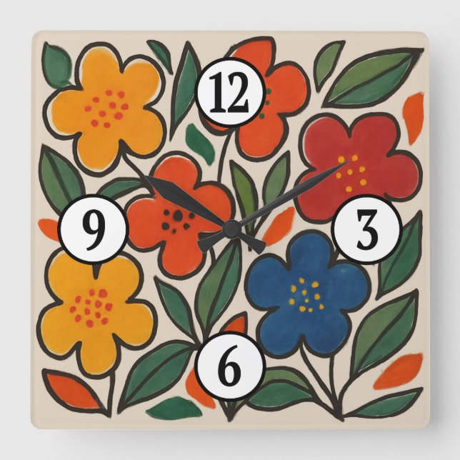 Retro 1960s Style Floral Pattern Square Wall Clock (Front)