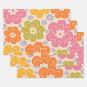 Retro 1960s Style Floral Pattern Wrapping Paper Sheet