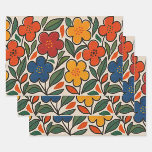 Retro 1960s Style Floral Pattern Wrapping Paper Sheet