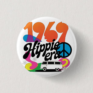 Retro 1969 Hippie Era Graphic with Peace Symbol 3 Cm Round Badge
