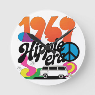 Retro 1969 Hippie Era Graphic with Peace Symbol Round Clock