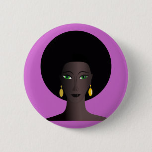 Retro 1970s Afro Green Eyed Woman Cartoon Figure 6 Cm Round Badge