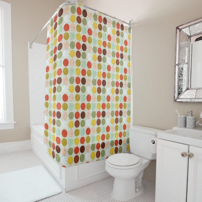 Retro 1970s circles pattern shower curtain (In Situ)