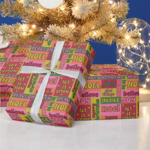 Retro 1970s Collage of Christmas Words Patterned Wrapping Paper