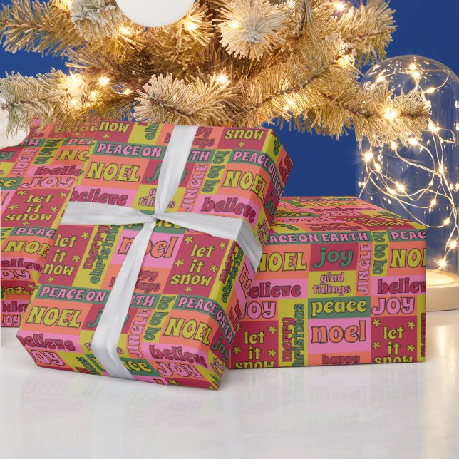 Retro 1970s Collage of Christmas Words Patterned Wrapping Paper (Holidays)