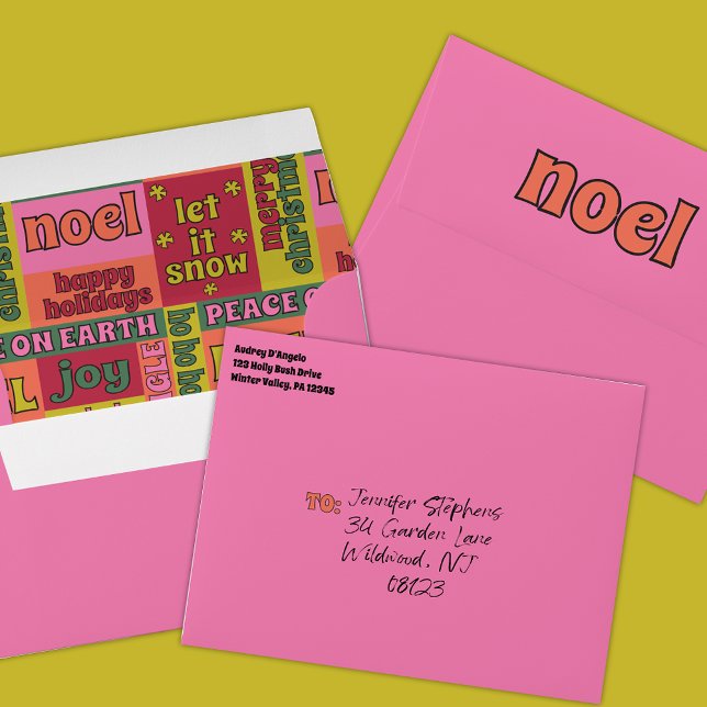 Retro 1970s Collage of Christmas Words Pink Envelope (Creator Uploaded)