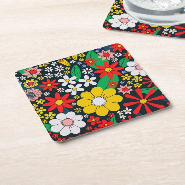 Retro 1970s Floral Pattern Square Paper Coaster (Angled)