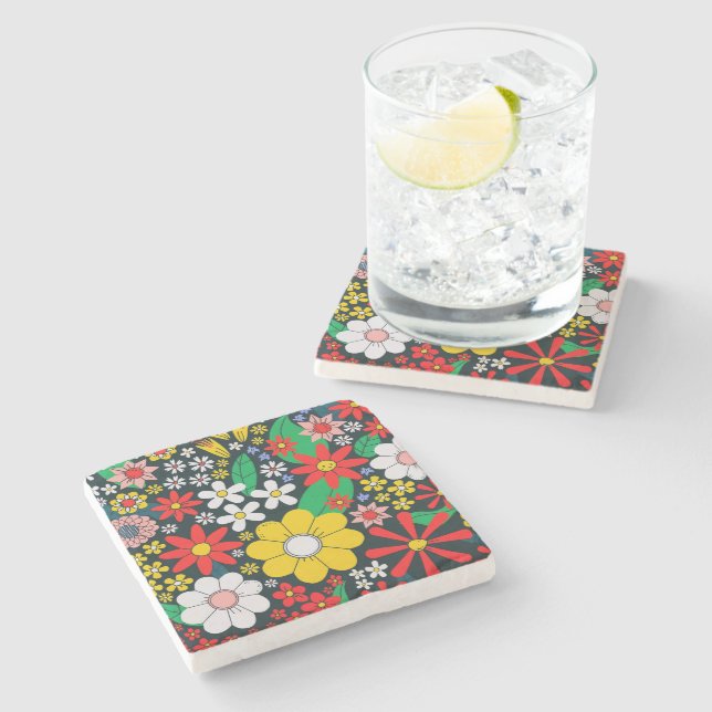 Retro 1970s Floral Pattern Stone Coaster (Side)