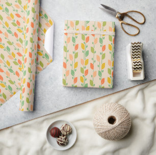 Retro 1970s Folk Art Green and Orange Leaves Wrapping Paper