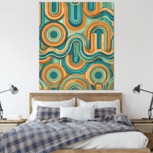 Retro 1970s Geometric Wave Pattern in Teal & Amber Canvas Print