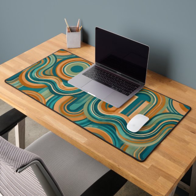 Retro 1970s Geometric Wave Pattern in Teal and Amb Desk Mat (Office 2)