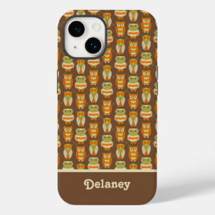 Retro 1970s Orange, Green Owls on Brown Patterned Case-Mate iPhone 14 Case