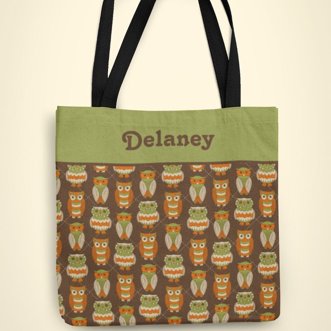 Retro 1970s Orange, Green Owls on Brown Patterned Tote Bag (Creator Uploaded)