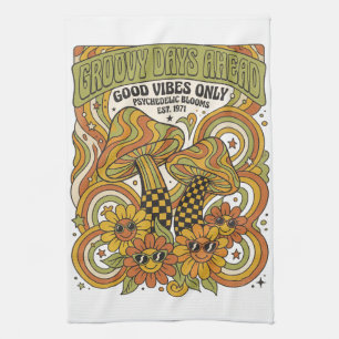 Retro 1970s Psychedelic Design with Mushrooms Tea Towel