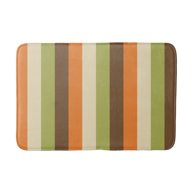 Retro 1970s Stripes Green, Orange, Brown, Cream Bath Mat (Front)
