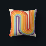 Retro 1970s Style Arched Stripes Geometric Pattern Cushion<br><div class="desc">This artwork channels a retro graphic spirit, forming the letter‑like curve with parallel bands of red, orange, yellow, light blue, teal, and purple. The layered arcs flow in harmony, evoking the bold optimism of 1970s design. Set against a soft beige background, the vibrant rainbow palette stands out with clarity and...</div>