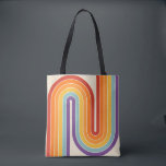Retro 1970s Style Arched Stripes Geometric Pattern Tote Bag<br><div class="desc">This artwork channels a retro graphic spirit, forming the letter‑like curve with parallel bands of red, orange, yellow, light blue, teal, and purple. The layered arcs flow in harmony, evoking the bold optimism of 1970s design. Set against a soft beige background, the vibrant rainbow palette stands out with clarity and...</div>