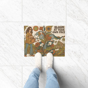 Retro 1970s Style with Woman Watering Plants Doormat