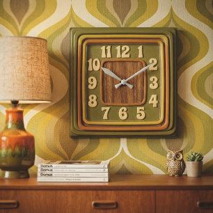 Retro 1970s Vintage Avocado Green & Orange Nested Square Wall Clock