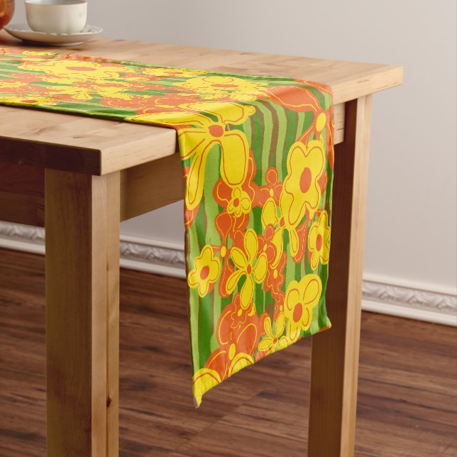 Retro 1970's Yellow Orange Flowers Short Table Runner (In Situ)