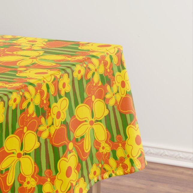 Retro 1970s Yellow Orange Flowers Tablecloth (In Situ)