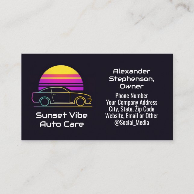Retro 1980s 90s Sunset Sports Car Auto Mechanic Business Card (Front)