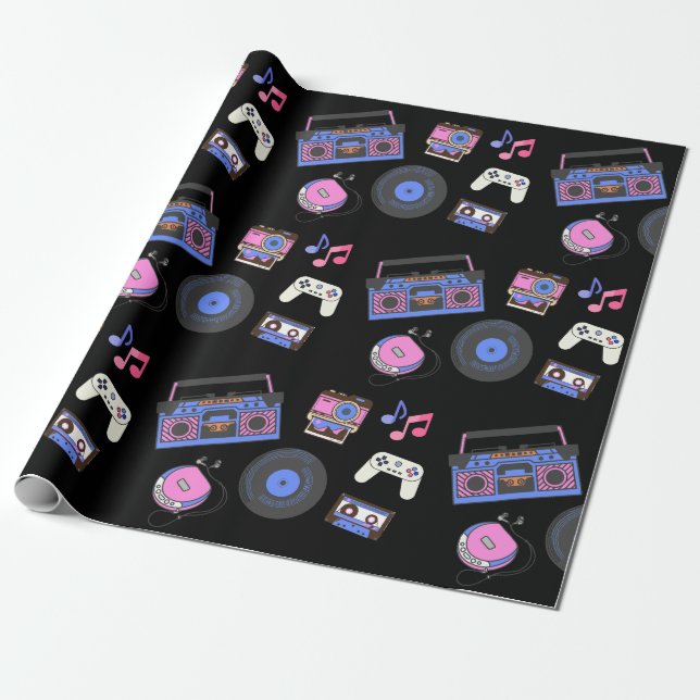 Retro 1980's Era Music Birthday Wrapping Paper (Unrolled)