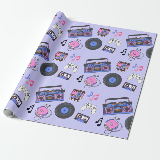 Retro 1980's Era Music Birthday Wrapping Paper (Unrolled)