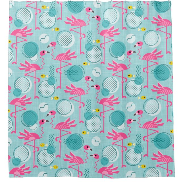 Retro 1980's Memphis Style Pink Flamingos Shower Curtain (Front)
