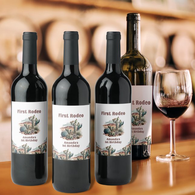 Retro 1st First Rodeo Western Cactus Birthday Wine Label (Creator Uploaded)