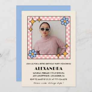 Retro 26th birthday invitation Photo Blue Floral