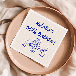 Retro 30th Blue Hand Drawn Cake Champagne Birthday Napkin