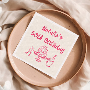 Retro 30th Pink Hand Drawn Cake Champagne Birthday Napkin