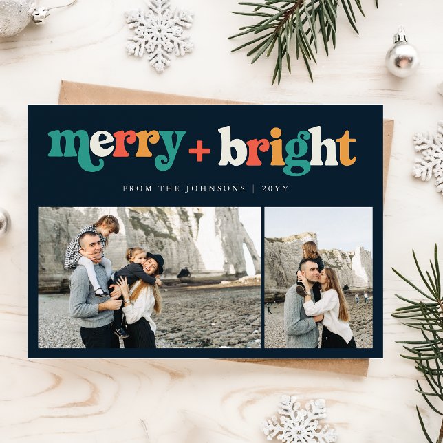 Retro 3 Photo Colourful Merry & Bright Christmas Holiday Card (Creator Uploaded)