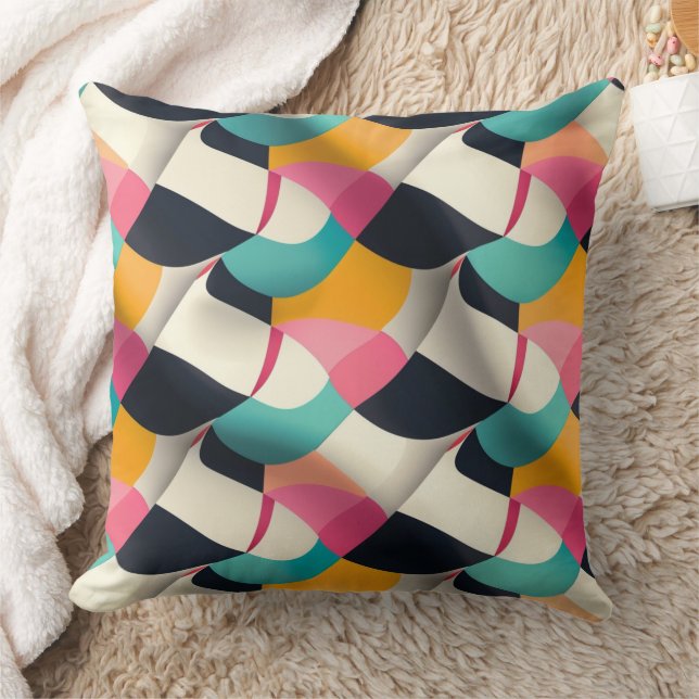 Retro 3D Geometric Pattern in Teal, Pink, Mustard Cushion (Blanket)