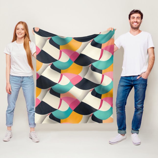 Retro 3D Geometric Pattern in Teal, Pink, Mustard Fleece Blanket (In Situ)
