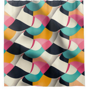 Retro 3D Geometric Pattern in Teal, Pink, Mustard Shower Curtain