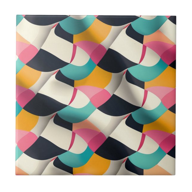 Retro 3D Geometric Pattern in Teal, Pink, Mustard Tile (Front)