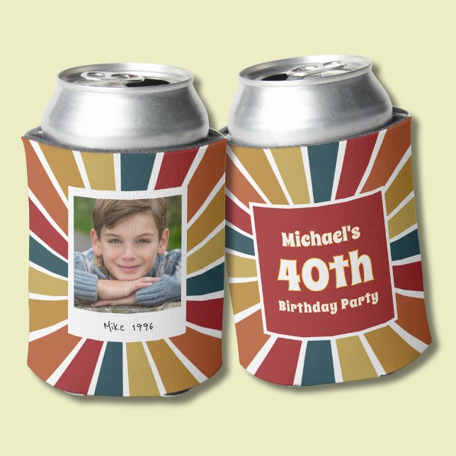 Retro 40th Birthday Boy Photo Can Cooler (Creator Uploaded)