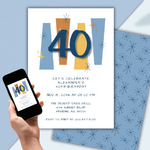 Retro 40th Birthday Midcentury Modern Blue Invitation