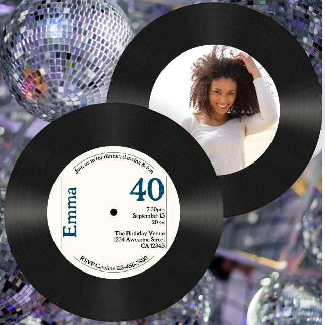 Retro 40th Birthday Photo Faux Vinyl Record Music Invitation (Creator Uploaded)