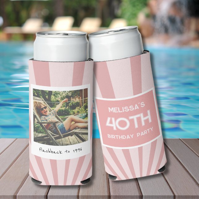 Retro 40th Birthday Pink Stripe Can Cooler (Creator Uploaded)