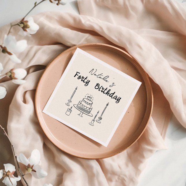 Retro 40th Hand Drawn Cake Candles Trendy Birthday Napkin (Creator Uploaded)