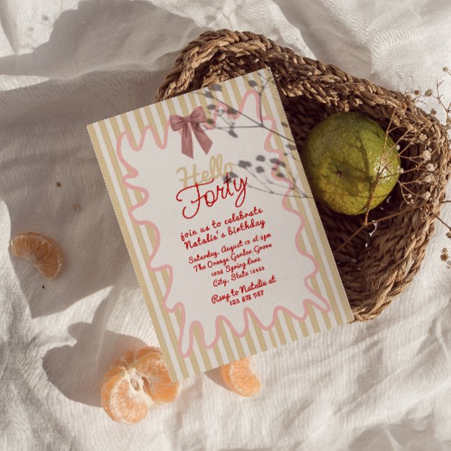 Retro 40th Hand Painted Bow Hello Forty Birthday Invitation (Creator Uploaded)