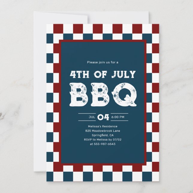Retro 4th of July BBQ Party Chequered  Invitation (Front)