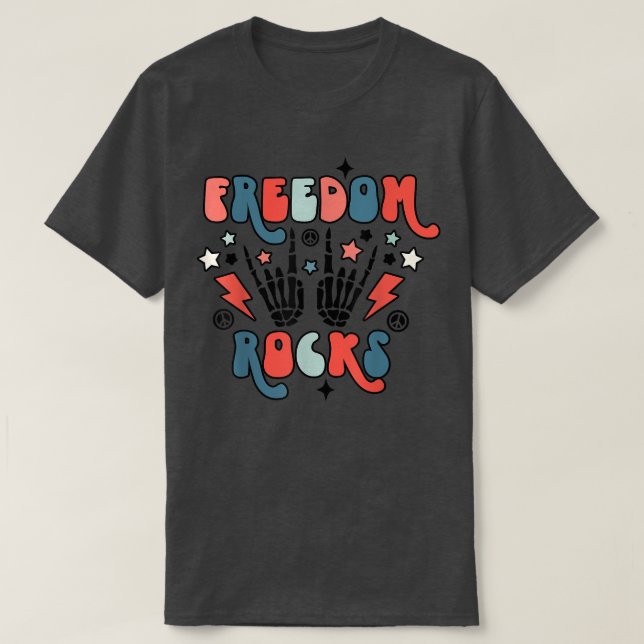 Retro 4th Of July Freedom Rocks Skeleton Fourth Of T-Shirt (Design Front)