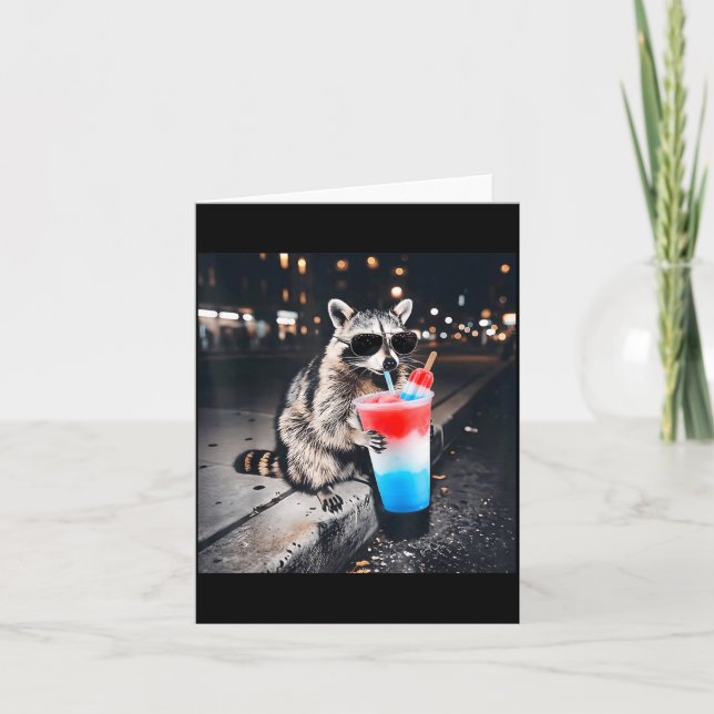 Retro 4th Of July Racoon Drinking Patriotic Card (Front)